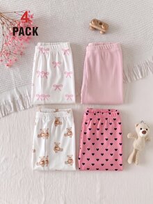 SHEIN 春夏秋冬 4件組 女孩時尚蝴蝶結愛心熊娃娃甜美可愛百搭杏色粉色柔軟舒適羅紋針織內搭褲 - 彩色 - 查看 8
