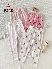 SHEIN 春夏秋冬 4件組 女孩時尚蝴蝶結愛心熊娃娃甜美可愛百搭杏色粉色柔軟舒適羅紋針織內搭褲 - 彩色 - 查看 2