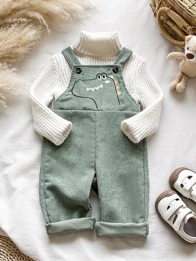 SHEIN Vintaside Kids رومبير للأولاد الرضع من 0-3 سنوات، ربيع/خريف، أخضر مريمي، بسيط لطيف كاجوال، مطرز برسومات ديناصور، من قماش الكوردروي، مناسب للخروجات ومطابقة العائلة وأعياد الميلاد