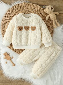 SHEIN 柔軟毛絨新生兒寶寶卡通熊刺繡衛衣與長褲套裝，可愛嬰兒服飾家庭配色棕色米色冬季款 - 白色 - 查看 4
