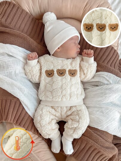 SHEIN 2pcs/Set Soft Comfortable Twisted Plush Fabric Newborn Baby Cartoon Bear Embroidered Sweatshirt And Long Pants Outfit Set, Cute Fashionable Comfy Playful Fitted Long Sleeve Casual Baby Clothes