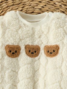 SHEIN 柔軟毛絨新生兒寶寶卡通熊刺繡衛衣與長褲套裝，可愛嬰兒服飾家庭配色棕色米色冬季款 - 白色 - 查看 7