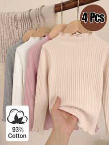 Elladie kids 4件組女童秋冬棉質羅紋素色荷葉邊長袖上衣，可愛T恤內搭層，春夏/秋冬，百搭時尚上衣，適合校園、度假、日常穿著 - 彩色 - 查看 2