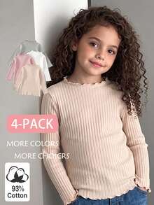 Elladie kids 4件組女童秋冬棉質羅紋素色荷葉邊長袖上衣，可愛T恤內搭層，春夏/秋冬，百搭時尚上衣，適合校園、度假、日常穿著 - 彩色 - 查看 4