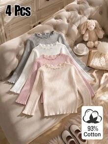 Elladie kids 4件組女童秋冬棉質羅紋素色荷葉邊長袖上衣，可愛T恤內搭層，春夏/秋冬，百搭時尚上衣，適合校園、度假、日常穿著 - 彩色 - 查看 1