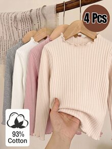 Elladie kids 4件組女童秋冬棉質羅紋素色荷葉邊長袖上衣，可愛T恤內搭層，春夏/秋冬，百搭時尚上衣，適合校園、度假、日常穿著 - 彩色 - 查看 5