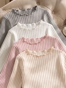 Elladie kids 4件組女童秋冬棉質羅紋素色荷葉邊長袖上衣，可愛T恤內搭層，春夏/秋冬，百搭時尚上衣，適合校園、度假、日常穿著 - 彩色 - 查看 3
