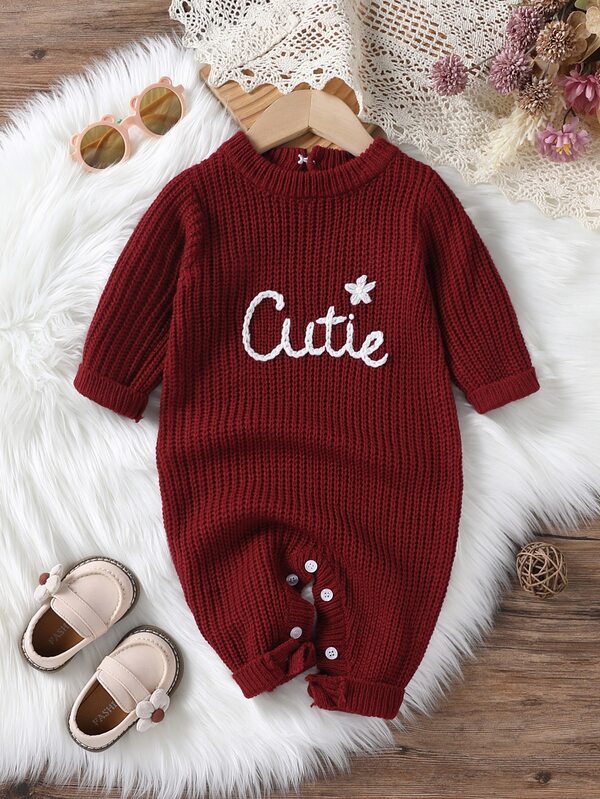 SHEIN 1pc Red Baby Girls Romper, Sweet Embroidered Round Neck Long Sleeve Fashion Sweater Crawler