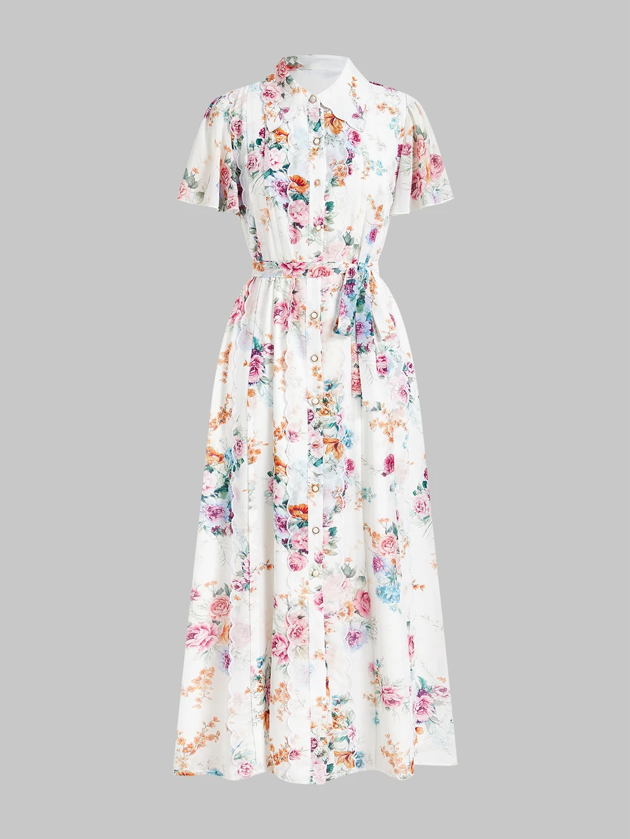 MOTF PREMIUM WOMEN'S FLORAL PRINT SHELL TRIM COLLAR LONG LENGTH DRESS, CASUAL & DATE WEAR, SPRING/SUMMER - Multicolor - View 1