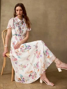 MOTF PREMIUM WOMEN'S FLORAL PRINT SHELL TRIM COLLAR LONG LENGTH DRESS, CASUAL & DATE WEAR, SPRING/SUMMER - Multicolor - View 3