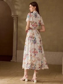 MOTF PREMIUM WOMEN'S FLORAL PRINT SHELL TRIM COLLAR LONG LENGTH DRESS, CASUAL & DATE WEAR, SPRING/SUMMER - Multicolor - View 4
