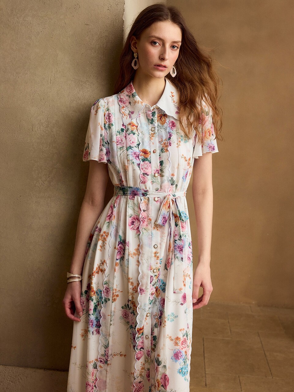 MOTF WOMEN'S FLORAL PRINT SHELL TRIM COLLAR LONG LENGTH DRESS, CASUAL & DATE WEAR, SPRING/SUMMER