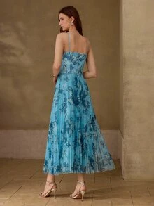 MOTF PREMIUM VESTIDO DE TIRANTES PLISADO CON ESTAMPADO FLORAL CASUAL DE VERANO PARA MUJERES PARA CITAS - Azul - Ver 4