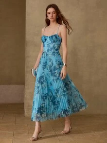 MOTF PREMIUM VESTIDO DE TIRANTES PLISADO CON ESTAMPADO FLORAL CASUAL DE VERANO PARA MUJERES PARA CITAS - Azul - Ver 5