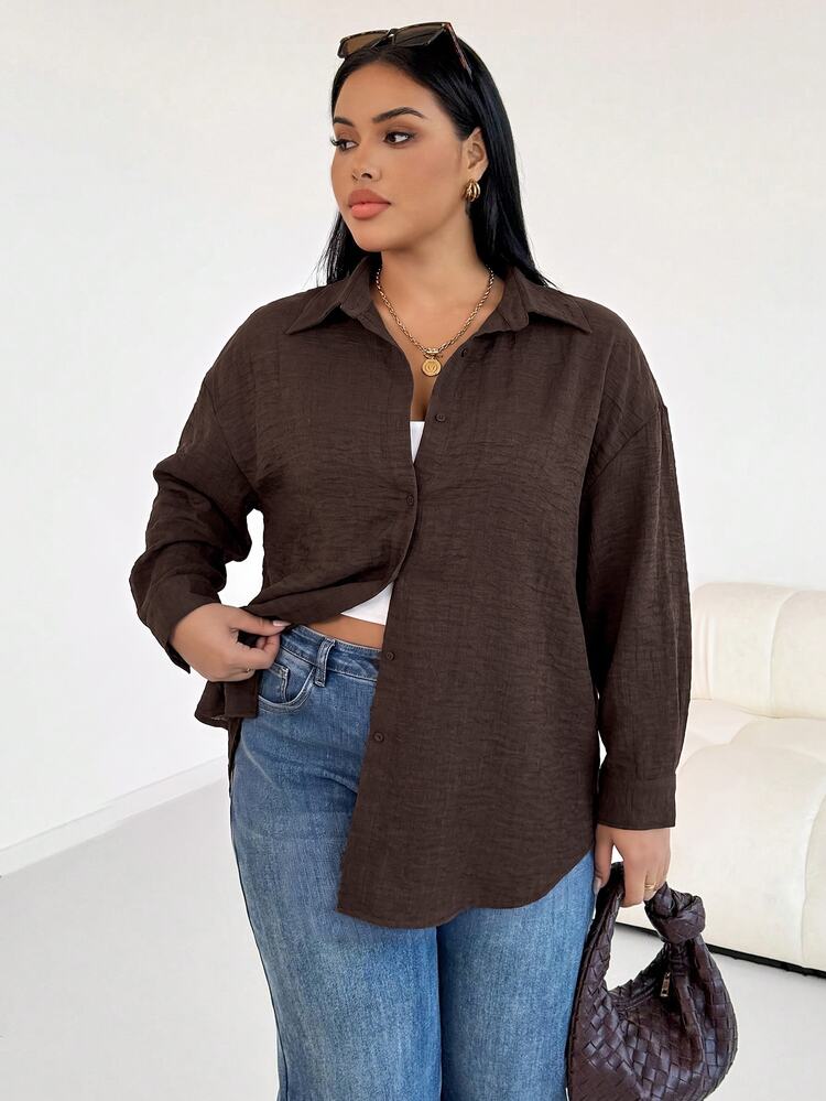 SHEIN Essnce Plus Size Women's Spring/Autumn Fashion Casual Soft Form Elegant Loose Comfortable Daily All-Match Versatile Slimming Dark Brown Button Long Sleeve Shirt - Brown - View 4