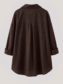 SHEIN Essnce 大尺碼女款春夏/秋冬時尚休閒柔軟優雅寬鬆舒適日常百搭顯瘦深棕色鈕扣長袖襯衫 - 棕色 - 查看 10