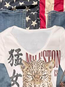 SHEIN EZwear 95%棉女款V領修身長袖T恤，休閒街頭風極簡日常外穿派對聚會復古龐克Y2K上衣，米白色 - 彩色 - 查看 4