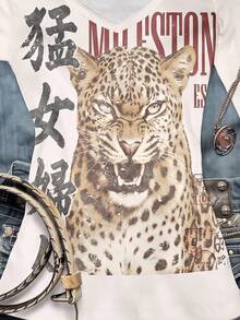SHEIN EZwear 95%棉女款V領修身長袖T恤，休閒街頭風極簡日常外穿派對聚會復古龐克Y2K上衣，米白色 - 彩色 - 查看 3