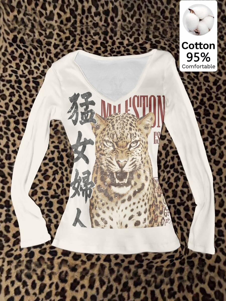 SHEIN EZwear 95%棉女款V領修身長袖T恤，休閒街頭風極簡日常外穿派對聚會復古龐克Y2K上衣，米白色 - 彩色 - 查看 1