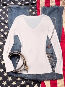 SHEIN EZwear 95%棉女款V領修身長袖T恤，休閒街頭風極簡日常外穿派對聚會復古龐克Y2K上衣，米白色 - 彩色 - 查看 2
