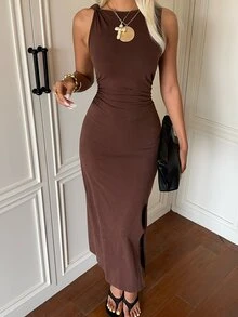 SHEIN EZwear 深褶開衩性感洋裝 - 咖啡棕 - 查看 5