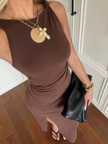 SHEIN EZwear 深褶開衩性感洋裝 - 咖啡棕 - 查看 8