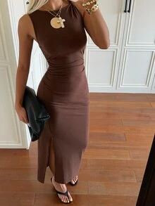 SHEIN EZwear 深褶開衩性感洋裝 - 咖啡棕 - 查看 9