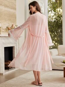 Moireta Set Pakaian Tidur dan Gaun Cami Patchwork Renda Wanita - Berwarna merah muda - View 3