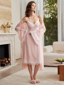 Moireta Set Pakaian Tidur dan Gaun Cami Patchwork Renda Wanita - Berwarna merah muda - View 4