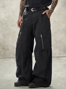 PAVTROS Men's Cargo Pocket Wide Leg Loose Casual Pants - Black - View 1