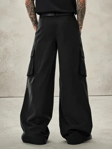 PAVTROS Men's Cargo Pocket Wide Leg Loose Casual Pants - Black - View 2