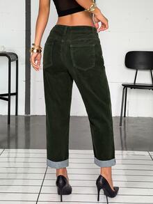 Jeanoix Y2K 女款戶外時尚植絨寬腿收口軍綠色牛仔褲 - 軍綠色 - 查看 2