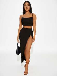 SHEIN SXY Conjunto top de tirantes corto unicolor con falda de muslo con abertura - Negro - Ver 6