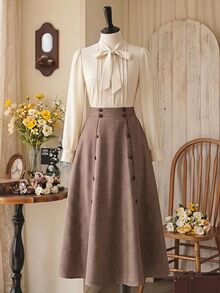 Vintamour Vintage French Elegant Women's Blouse With Bowknot Pleats And Buttons Casual Office Teachers' Day Top Off White Autumn Fall Winter 2026 Back To School - Apricot - View 9