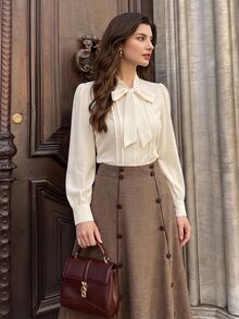 Vintamour Vintage French Elegant Women's Blouse With Bowknot Pleats And Buttons Casual Office Teachers' Day Top Off White Autumn Fall Winter 2026 Back To School - Apricot - View 2