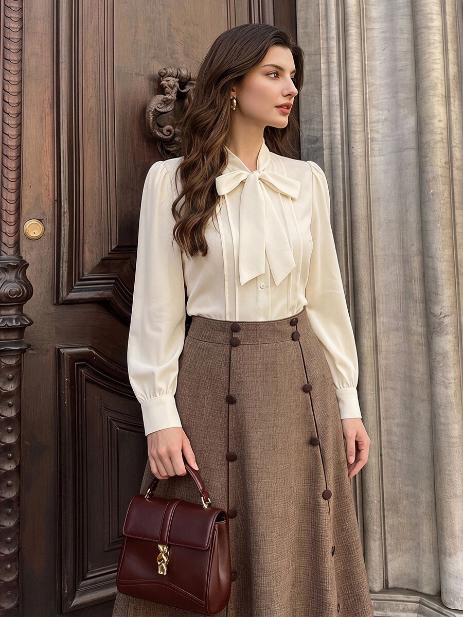 Vintamour Vintage French Elegant Women's Blouse With Bowknot Pleats And Buttons Casual Office Teachers' Day Top Off White Autumn Fall Winter 2026 Back To School