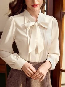 Vintamour Vintage French Elegant Women's Blouse With Bowknot Pleats And Buttons Casual Office Teachers' Day Top Off White Autumn Fall Winter 2026 Back To School - Apricot - View 3