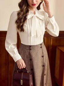 Vintamour Vintage French Elegant Women's Blouse With Bowknot Pleats And Buttons Casual Office Teachers' Day Top Off White Autumn Fall Winter 2026 Back To School - Apricot - View 4