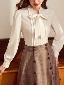 Vintamour Vintage French Elegant Women's Blouse With Bowknot Pleats And Buttons Casual Office Teachers' Day Top Off White Autumn Fall Winter 2026 Back To School - Apricot - View 6