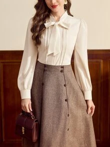 Vintamour Vintage French Elegant Women's Blouse With Bowknot Pleats And Buttons Casual Office Teachers' Day Top Off White Autumn Fall Winter 2026 Back To School - Apricot - View 5
