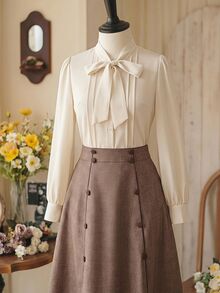 Vintamour Vintage French Elegant Women's Blouse With Bowknot Pleats And Buttons Casual Office Teachers' Day Top Off White Autumn Fall Winter 2026 Back To School - Apricot - View 8