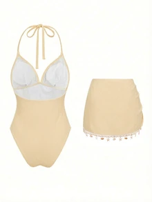 SHEIN Swim طقم ملابس سباحة نسائي من قطعتين، توب بيكيني مثلث بلون سادة مع سلسلة أصداف بتصميم عشوائي وحمالات رفيعة، قطعة واحدة مع تنورة ورباط جانبي، مع قطعة سفلية بسلسلة أصداف بتصميم عشوائي - لون مشمشي - مشاهدة 2