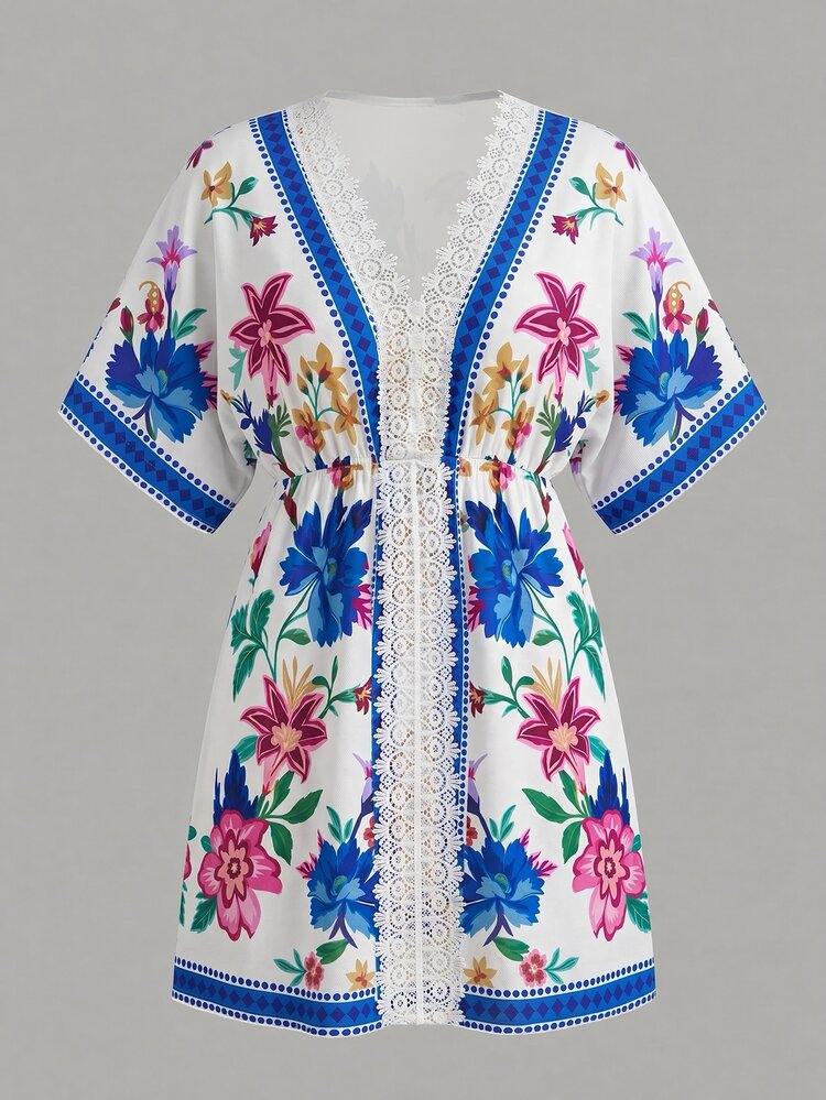 Breezaya Summer Swimwear New Women's Fashion Vacation Elegant Sexy Casual Blue White Multicolor Floral Print Patchwork Lace Trim Batwing Sleeve Dress Cover-Up, Summer Beach Vacation, Casual, Work, Country, Easter, Thanksgiving, Mother's Day, Music Festival, Halloween, Christmas, Cruise, Club, Wedding, Picnic - Blue and White - View 8