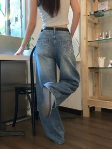 DAZY 女款破舊水洗韓系休閒牛仔褲 - 藍色 - 查看 2
