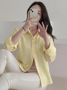 DAZY 女款純色休閒百搭日常穿著襯衫 - 黃色 - 查看 8