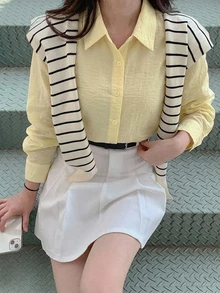 DAZY 女款純色休閒百搭日常穿著襯衫 - 黃色 - 查看 5