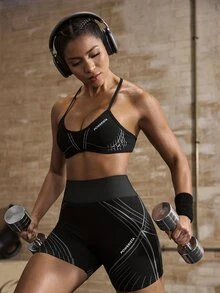 Powerista 女款露背掛脖運動內衣 跑步健身運動外穿 透氣健身房無縫 黑白配色 性感 全季節休閒 - 黑色 - 查看 5