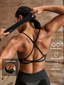 Powerista 女款露背掛脖運動內衣 跑步健身運動外穿 透氣健身房無縫 黑白配色 性感 全季節休閒 - 黑色 - 查看 2