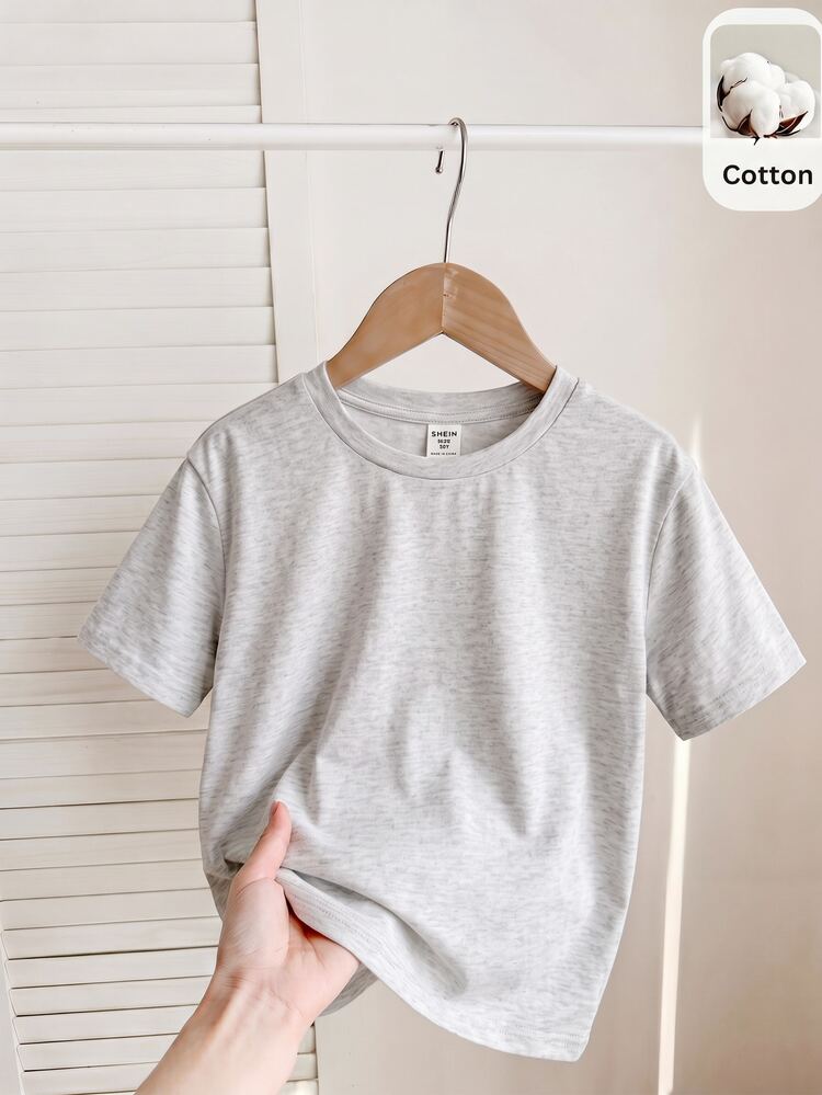 SHEIN Áo thun nữ thiếu nhi dệt kim màu trơn cổ tròn dáng ôm phong cách thường ngày - Xám - Xem 4
