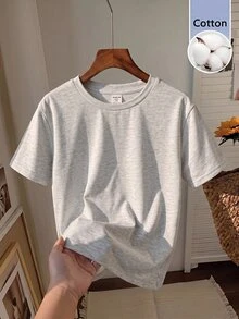 SHEIN 青少年女孩針織素色圓領修身休閒T恤 - 灰色 - 查看 1